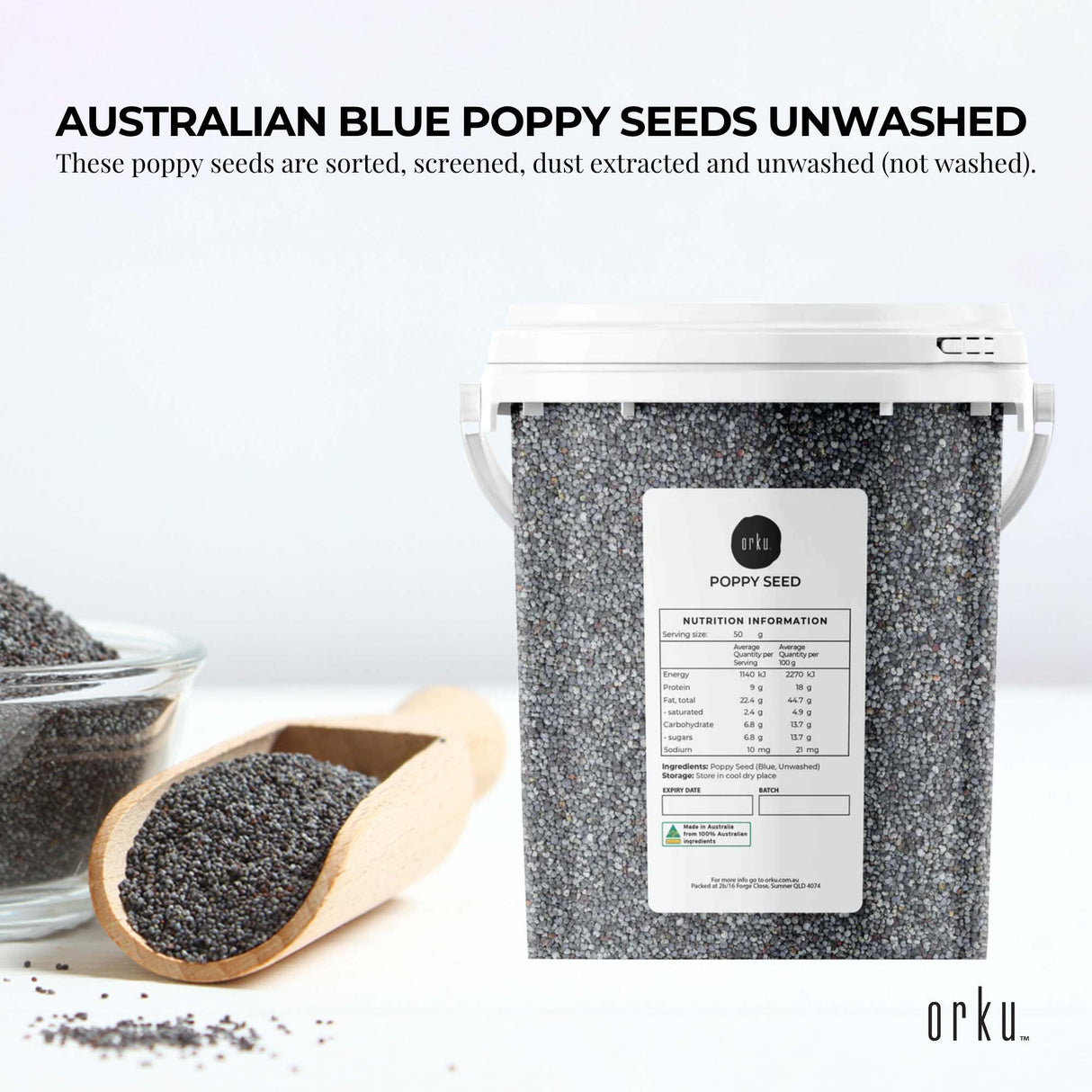 800g Poppy Seeds Bucket Blue Unwashed 100% Australian Food Cook Baking Mineral