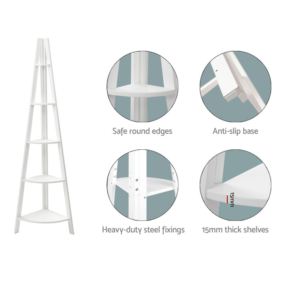 Bookshelf Corner Shelf 5 Tiers - CANE White