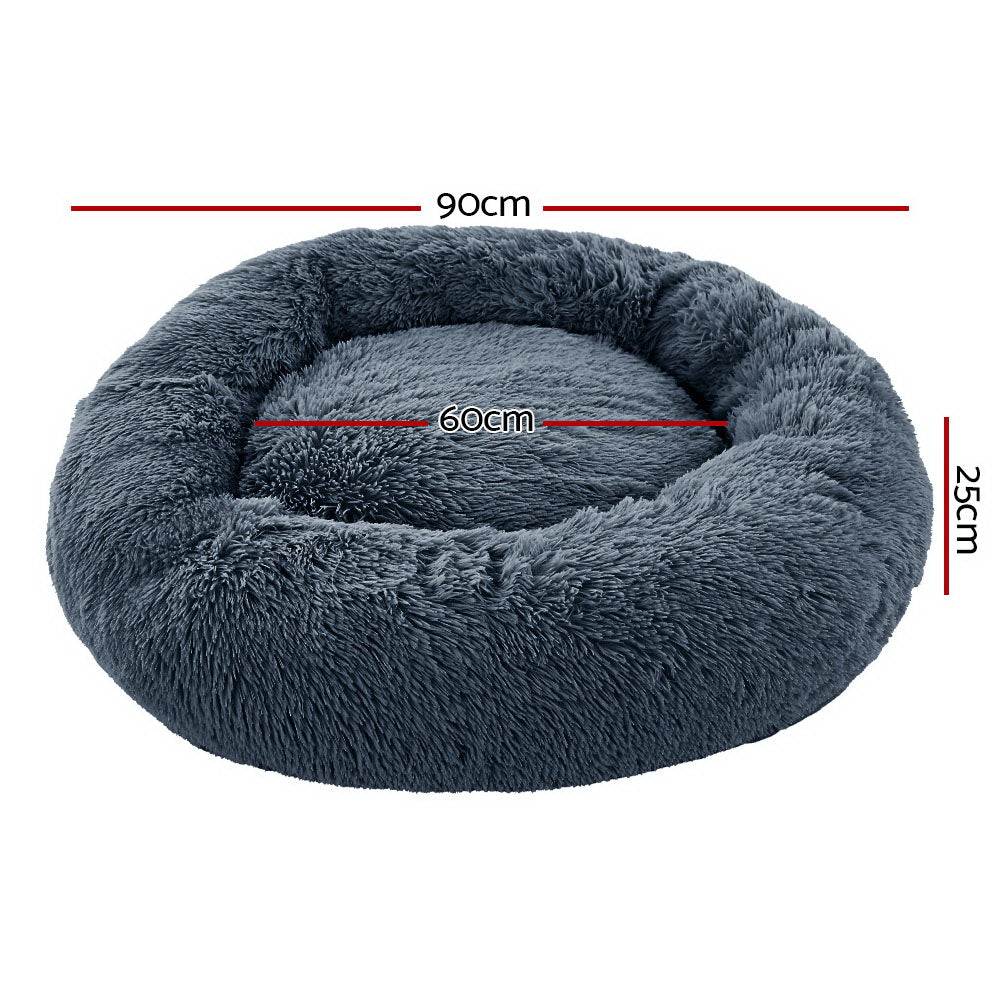 Pet Bed Dog Cat 90cm Large Calming Soft Plush Bed Dark Grey