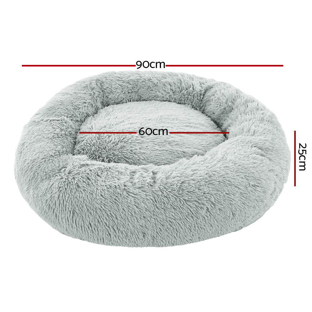 Pet Bed Dog Cat 90cm Large Calming Soft Plush Light Grey