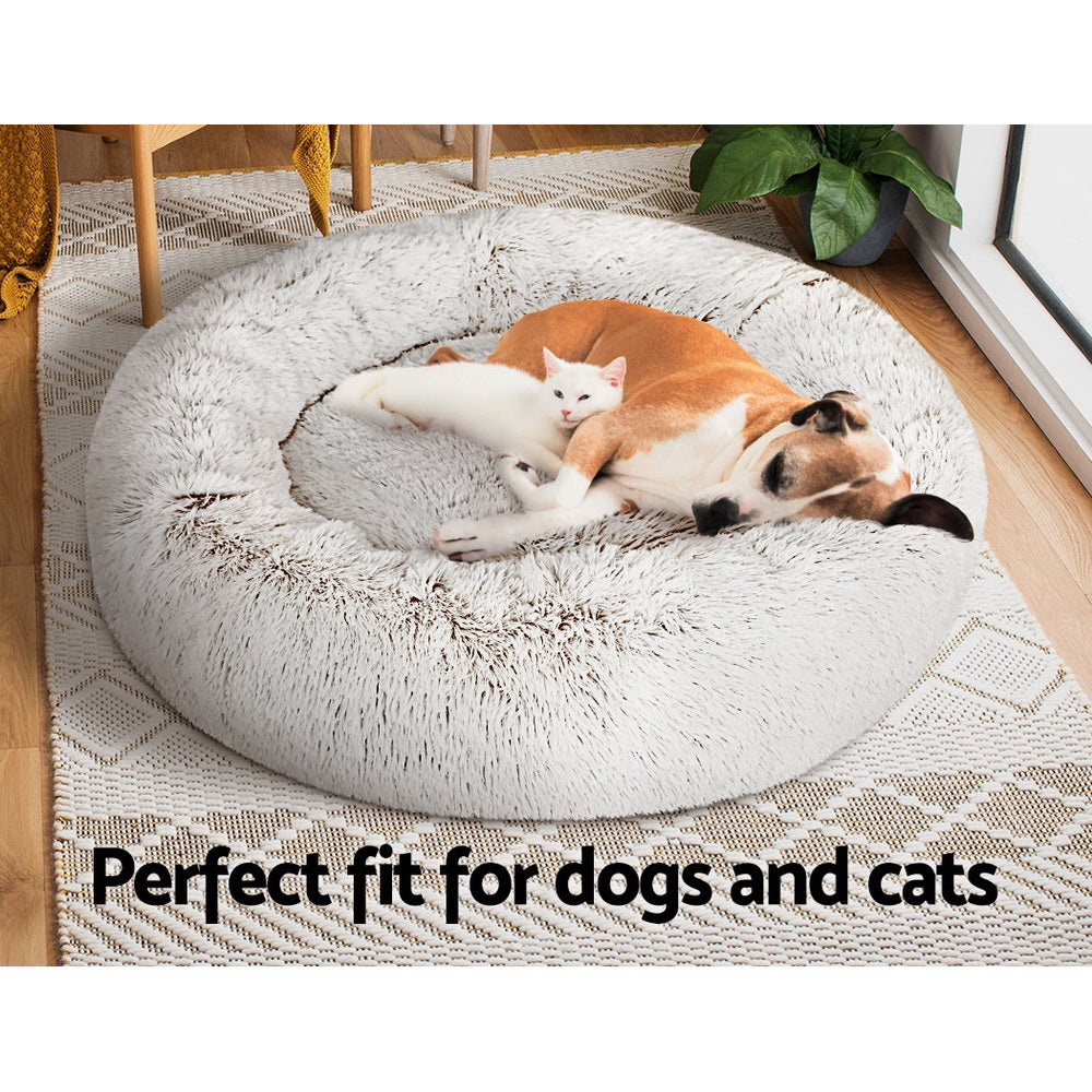 Pet Bed Dog Cat 90cm Large Calming Soft Plush White Brown
