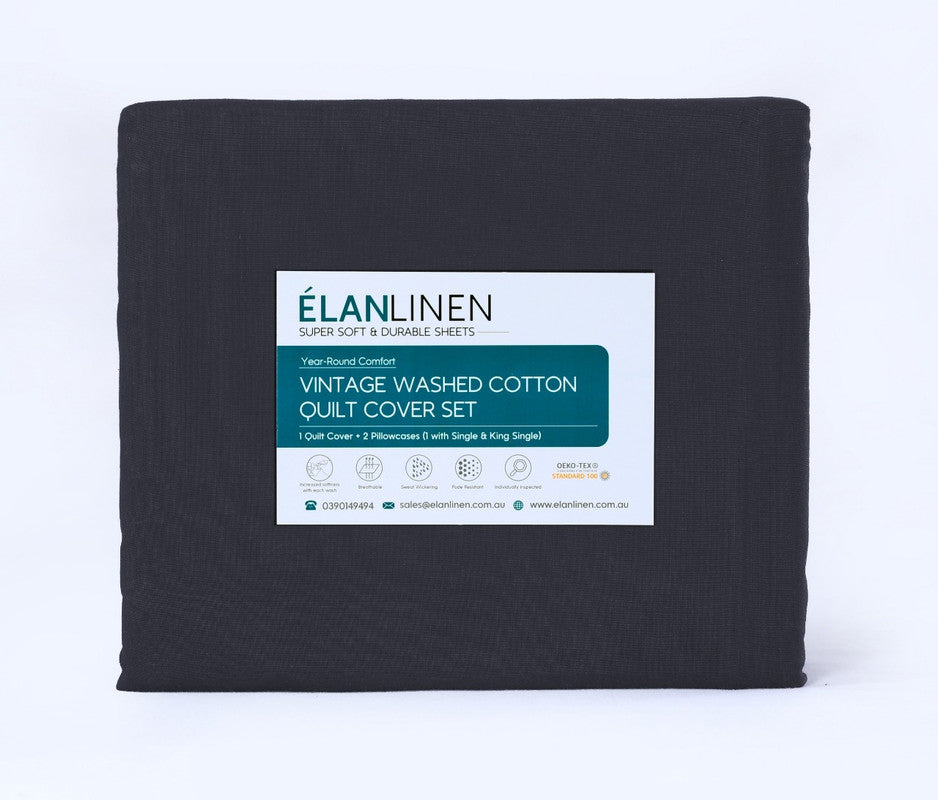 100% Egyptian Cotton Vintage Washed 500TC Charcoal Double Bed Sheets Set