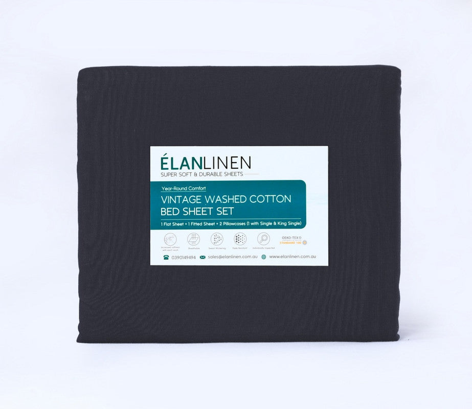 100% Egyptian Cotton Vintage Washed 500TC Charcoal Double Bed Sheets Set