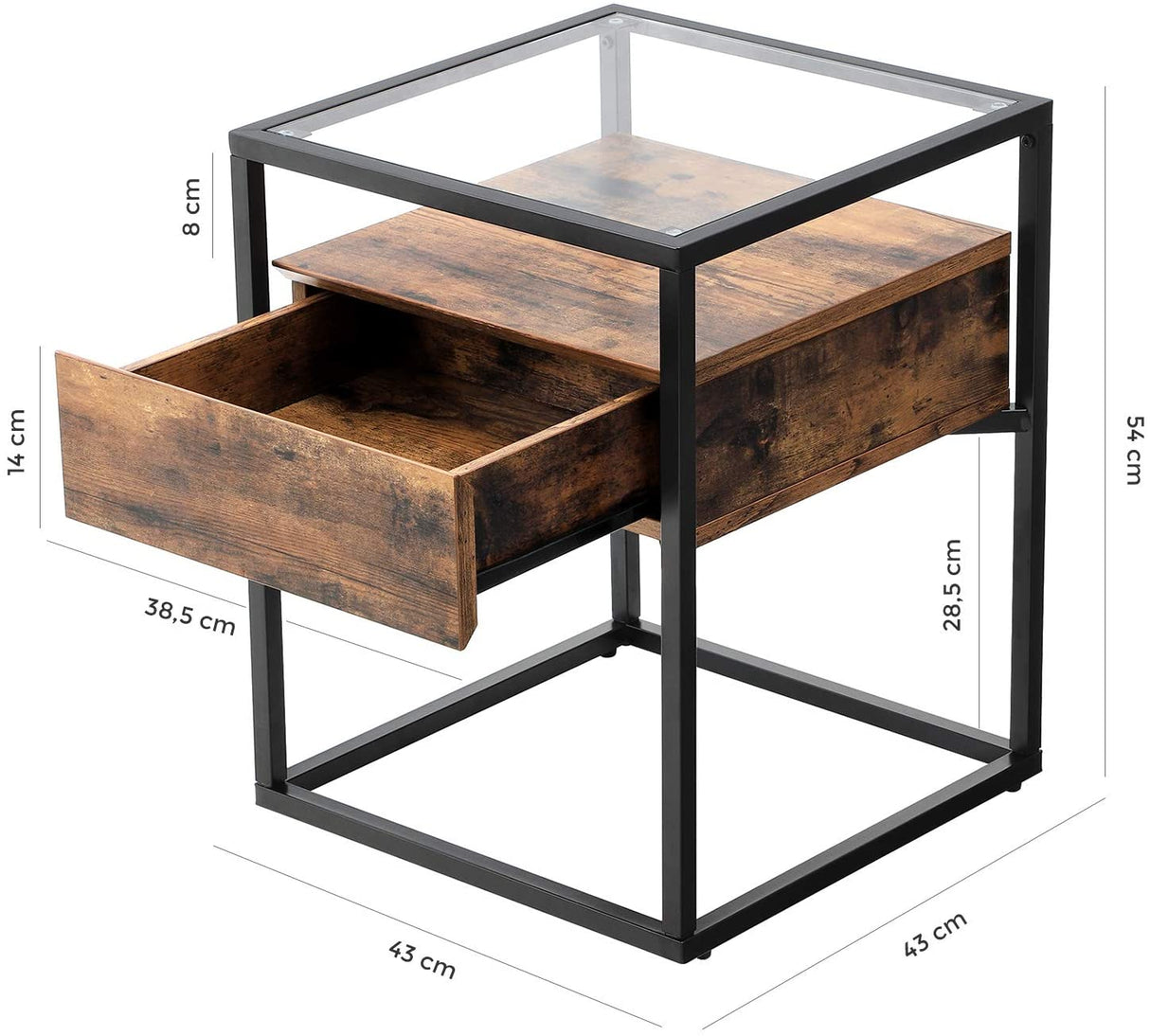 Tempered Glass End Table with Drawer and Rustic Shelf Stable Iron Frame