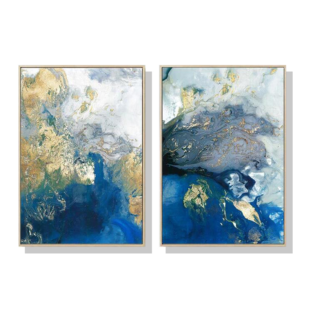 Wall Art 80cmx120cm Marbled Blue And Gold 2 Sets Gold Frame Canvas