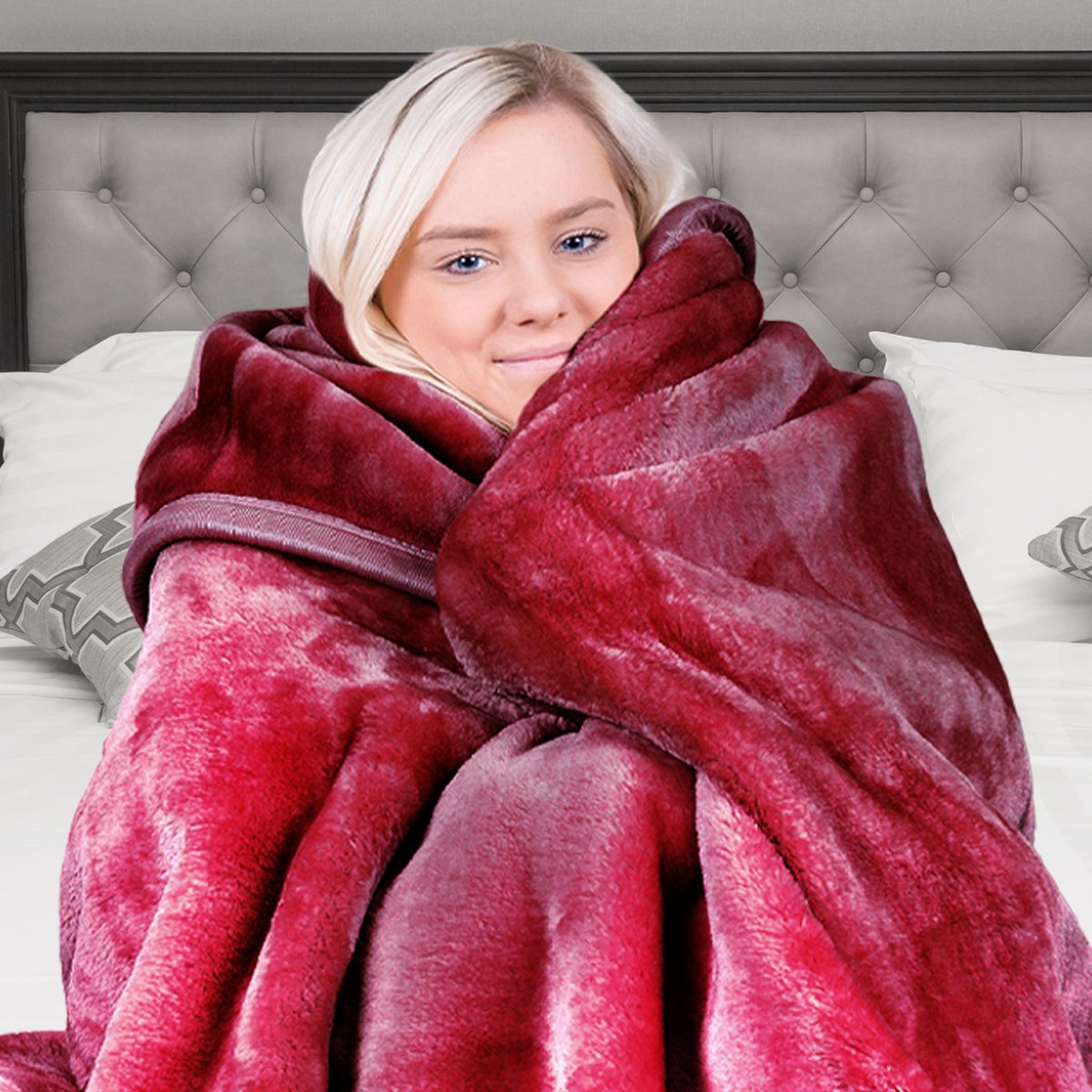 Double-sided Large 220 X 240cm Faux Mink Throw Rug Blanket 800-gsm Heavy - Red