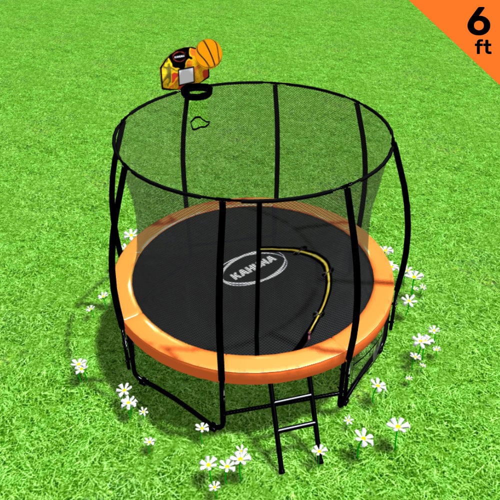 Classic 6ft Outdoor Round Orange Trampoline Safety Enclosure And Basketball Hoop Set