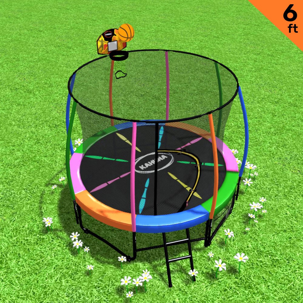 Classic 6ft Trampoline Free Ladder Spring Mat Net Safety Pad Cover Round Enclosure Basketball Set - Rainbow