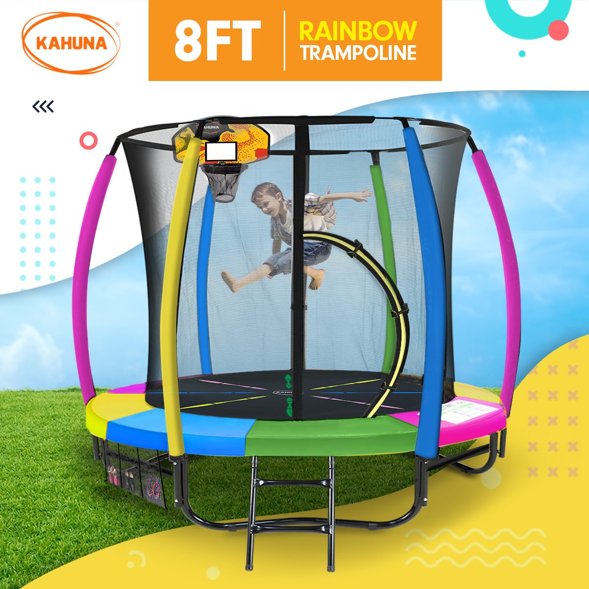 8ft Outdoor Trampoline Kids Children With Safety Enclosure Mat Pad Net Ladder Basketball Hoop Set - Rainbow