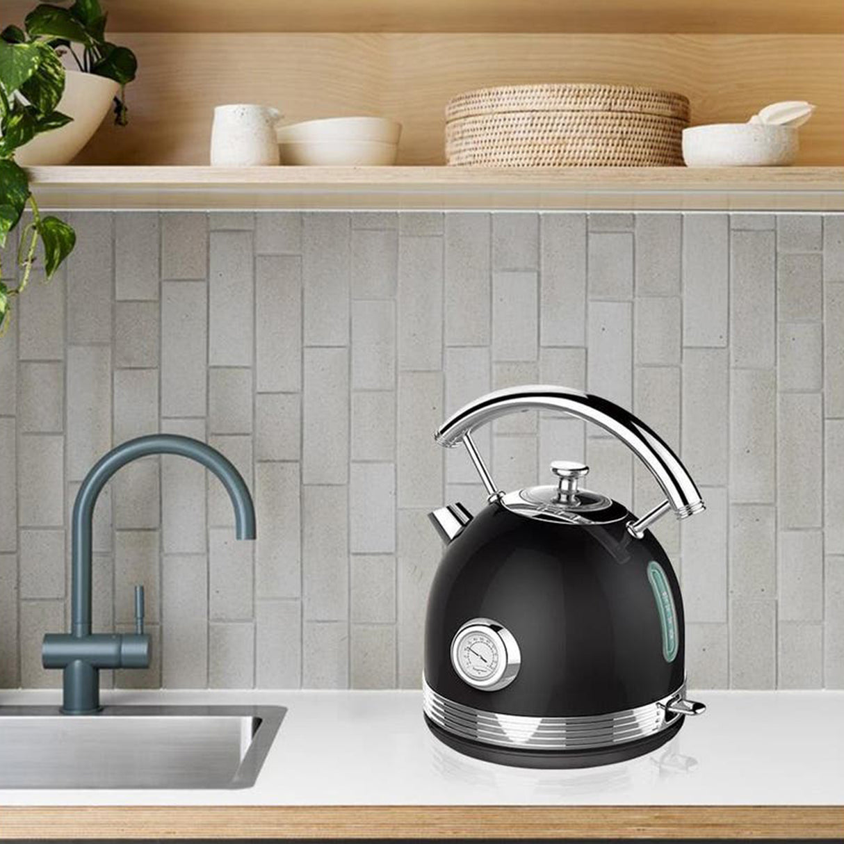 Electric Kettle Water Boiler Stainless Steel Retro 1.7L BLACK