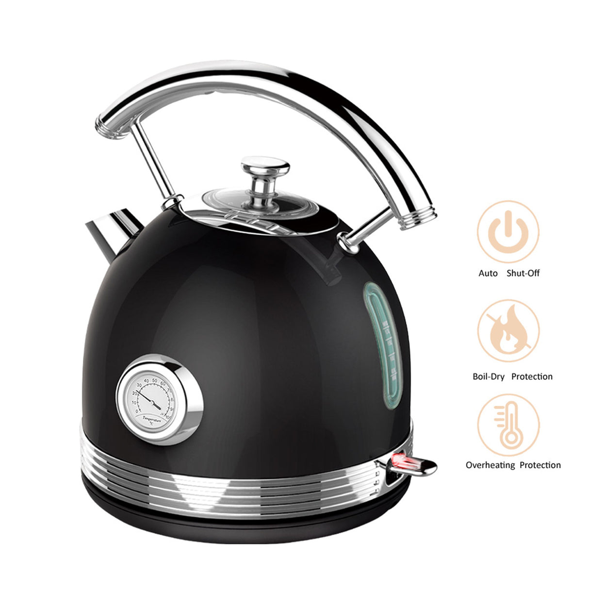 Electric Kettle Water Boiler Stainless Steel Retro 1.7L BLACK