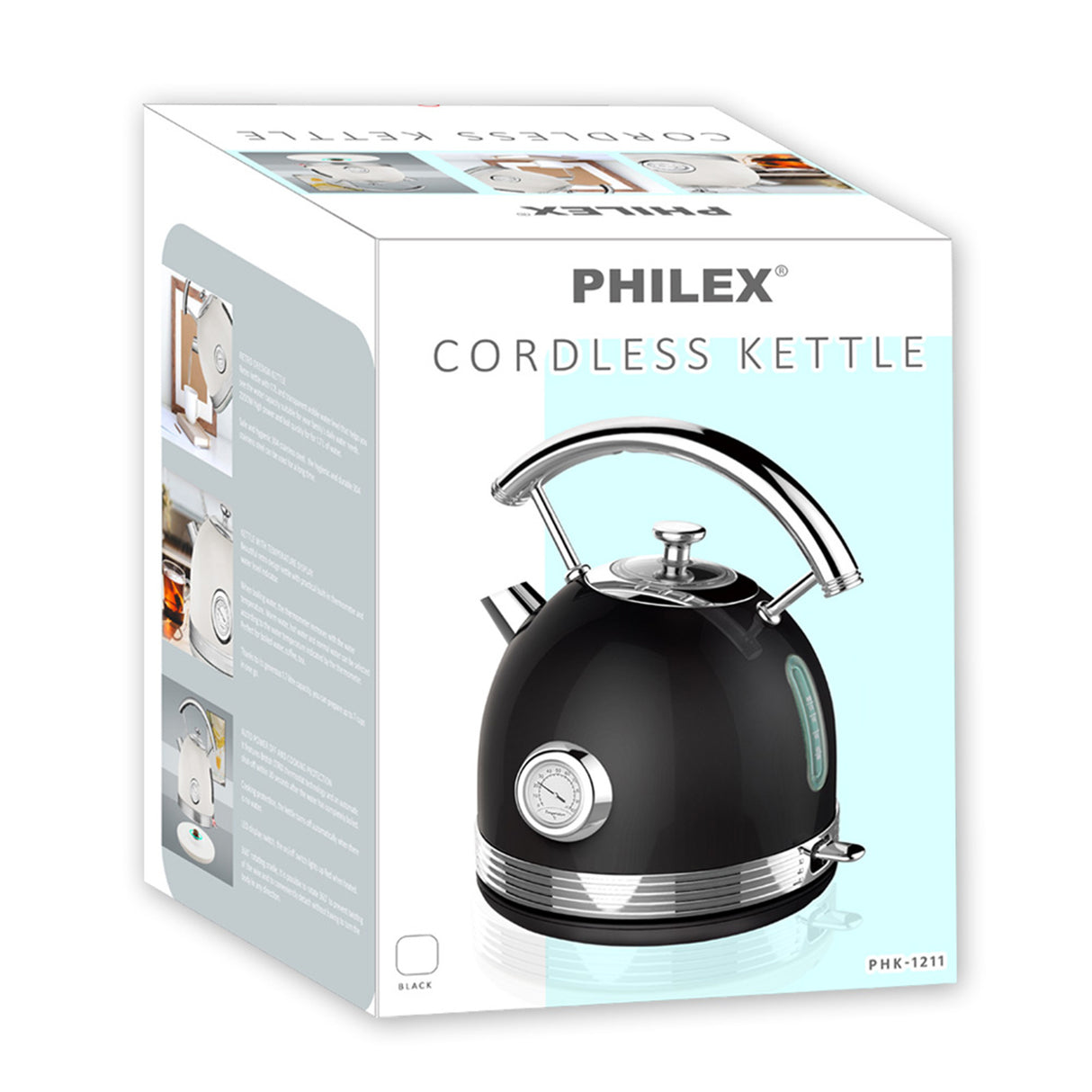 Electric Kettle Water Boiler Stainless Steel Retro 1.7L BLACK