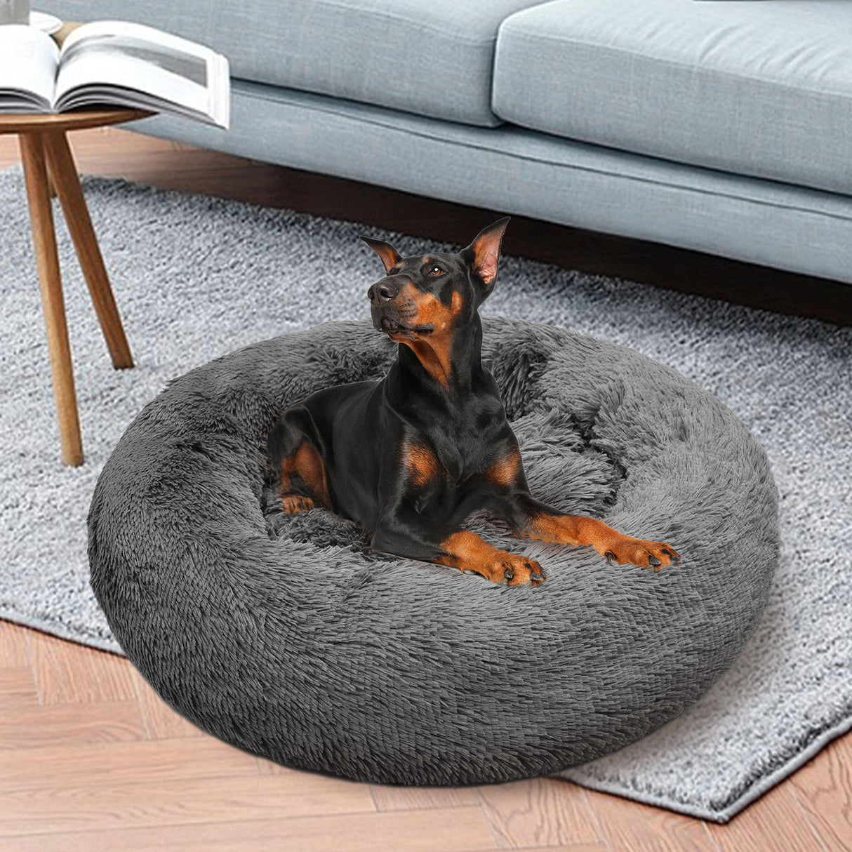 Dog Pet Cat Calming Bed Warm Plush Round Nest Comfy Sleeping Bed Dark Grey 100cm
