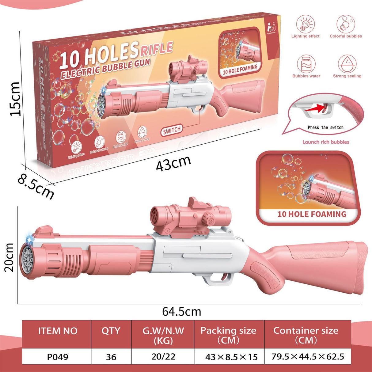 Bubble Machine Fully Automatic Hand-Held Spray Gun Electric 10-Hole Toy Pink