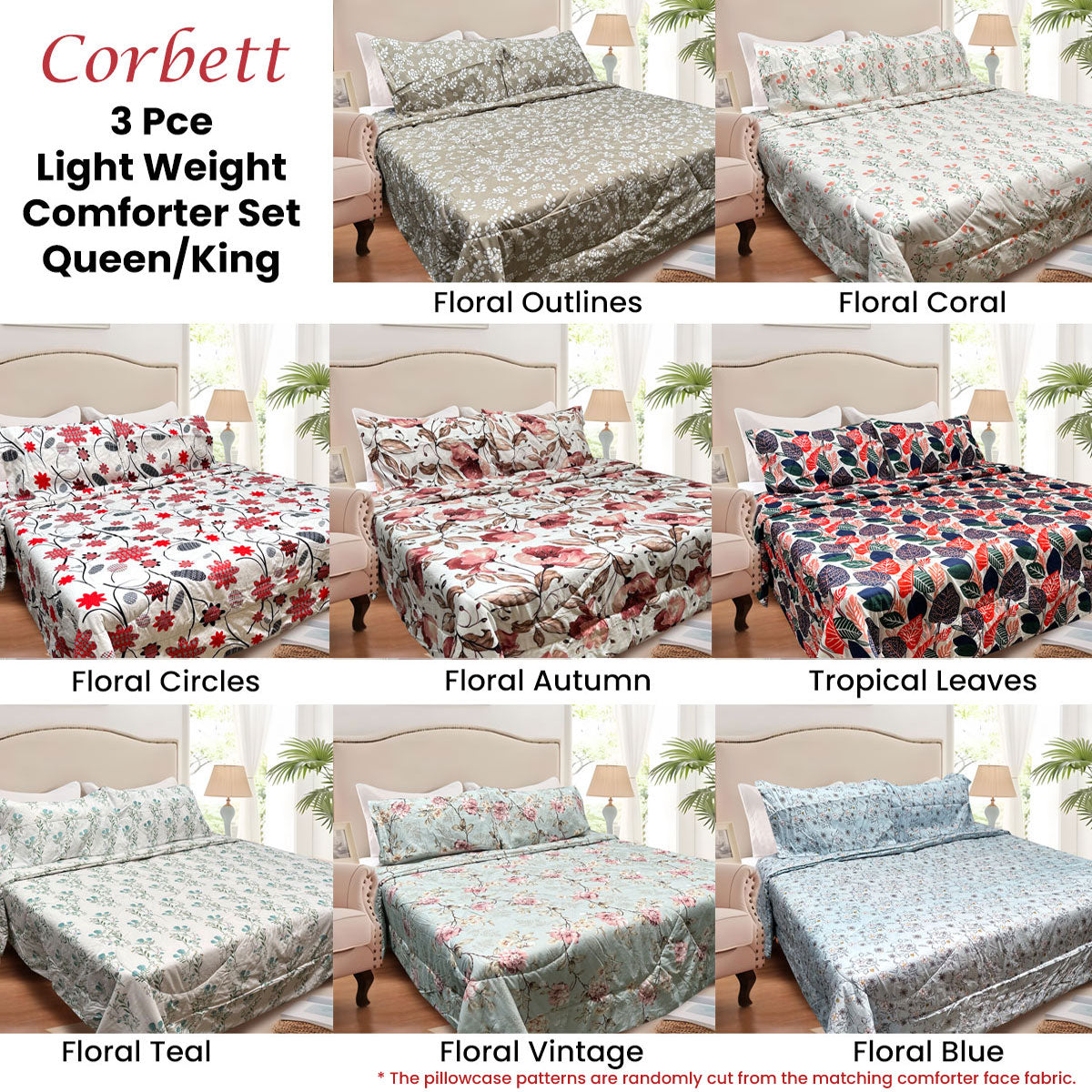 3 Pce Light Weight Comforter Set Queen/King Corbett Tropical Leaves