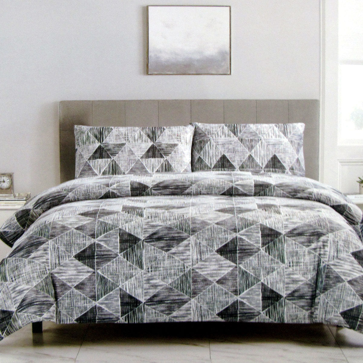 Charcoal Black Avery Lines Pattern Printed Microfiber Polyester Quilt Cover Set Queen