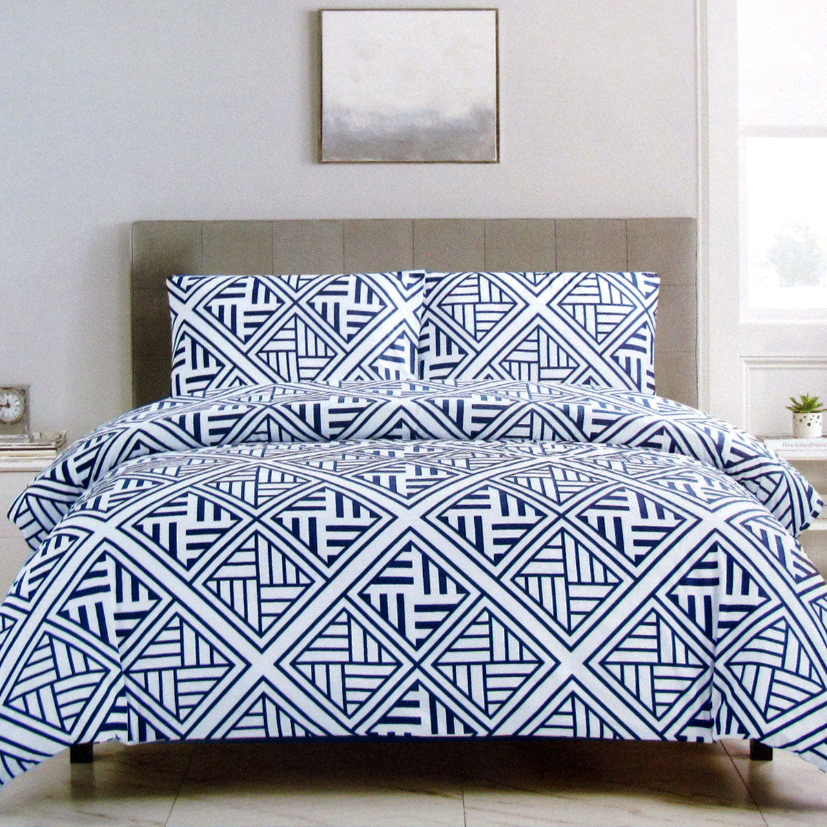 Navy Enzi Geometric Pattern Printed Microfiber Polyester Quilt Cover Set Queen