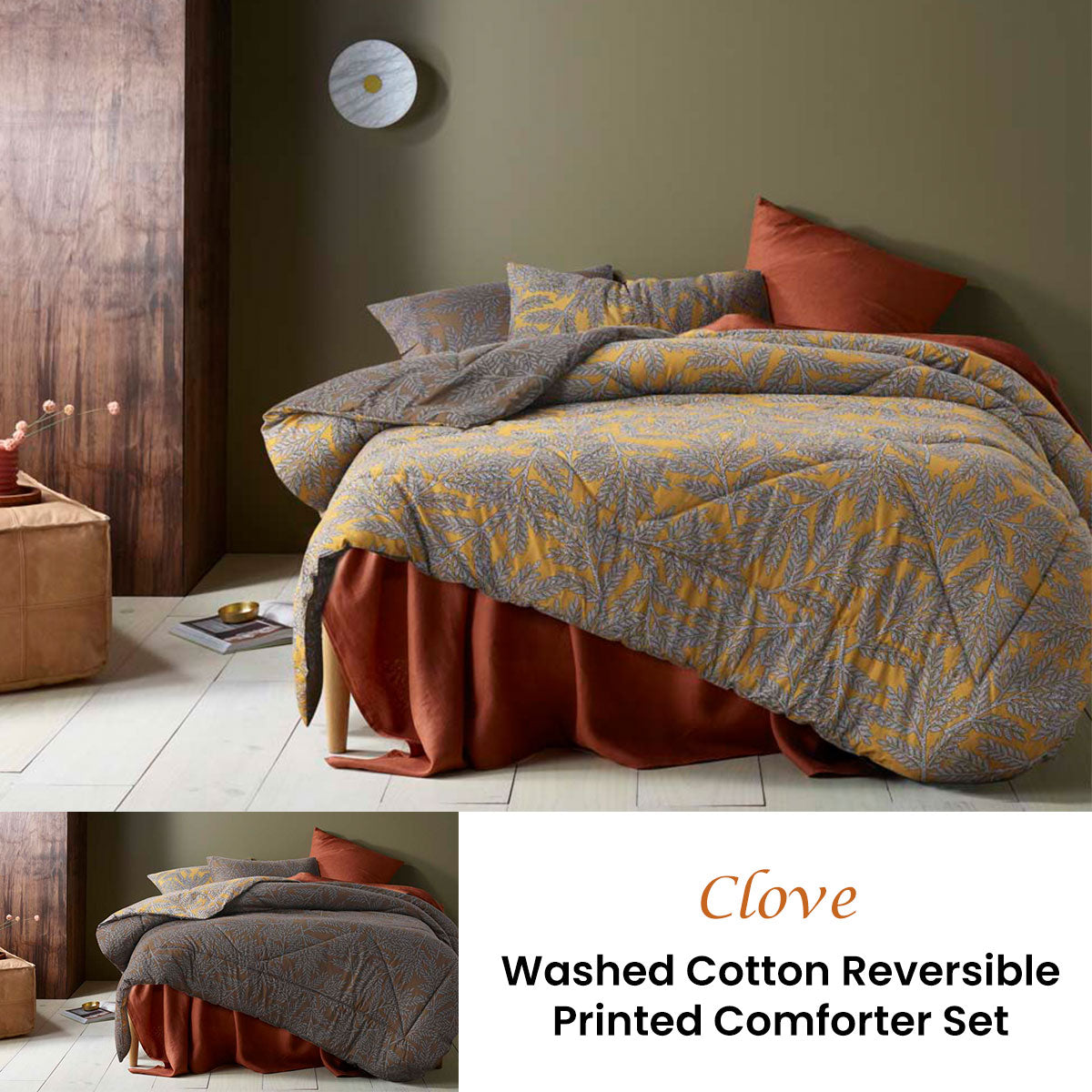 Clove Washed Cotton Printed Reversible Comforter Set Queen
