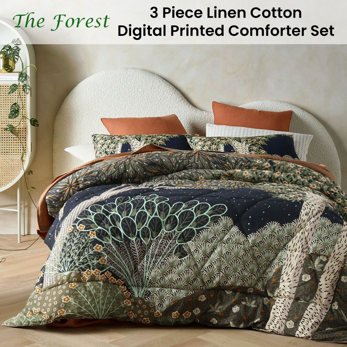 The Forest Linen Cotton Digital Printed 3 Piece Comforter Set Queen