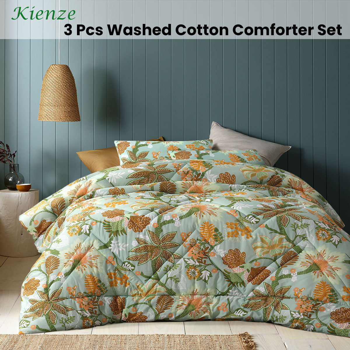 Kienze Washed Cotton Printed 3 Piece Comforter Set Queen