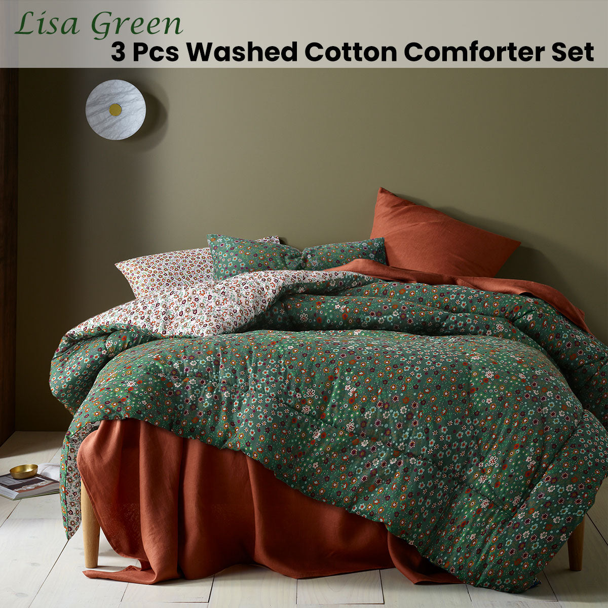 Lisa Green Washed Cotton Printed 3 Piece Comforter Set King