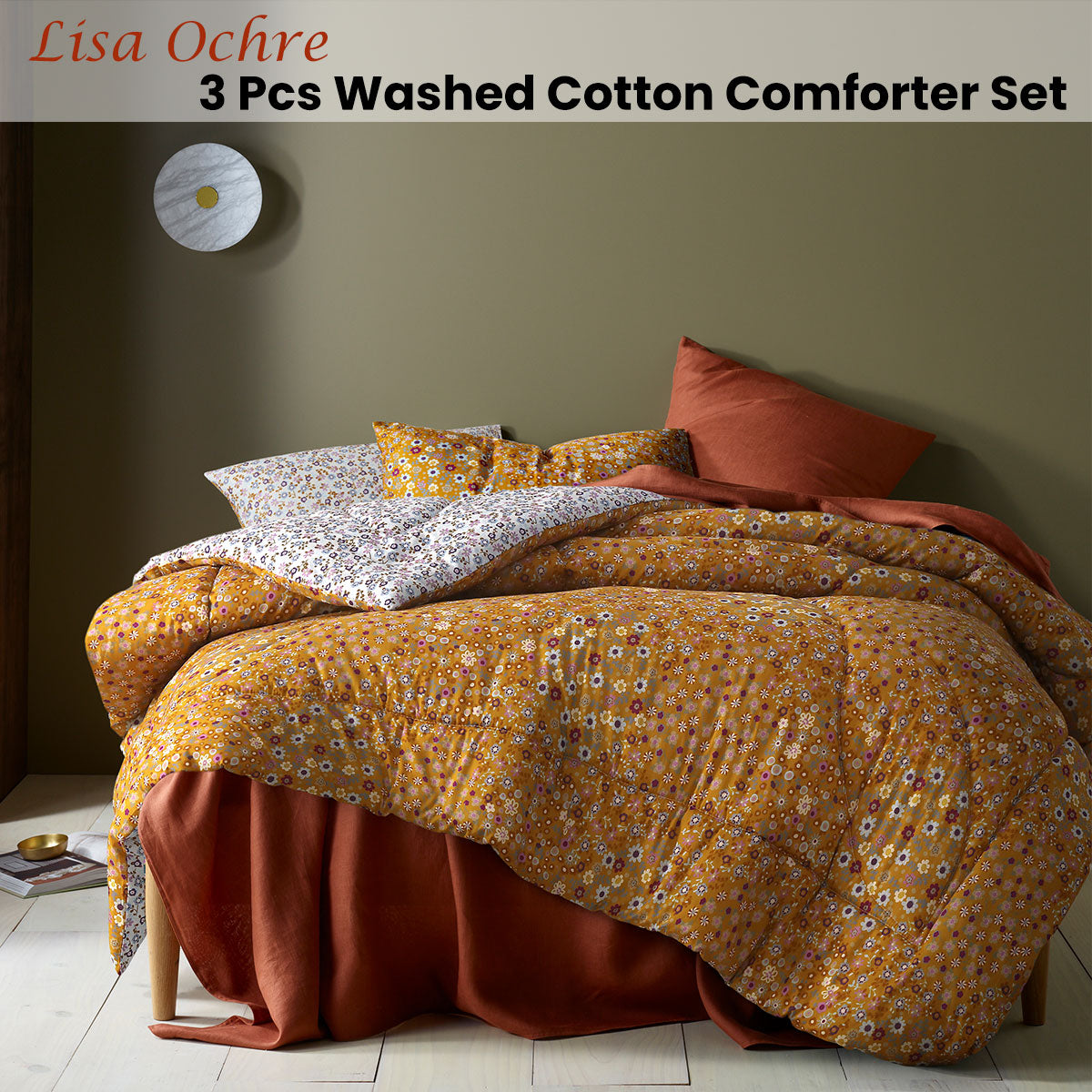 Lisa Ochre Washed Cotton Printed 3 Piece Comforter Set Queen