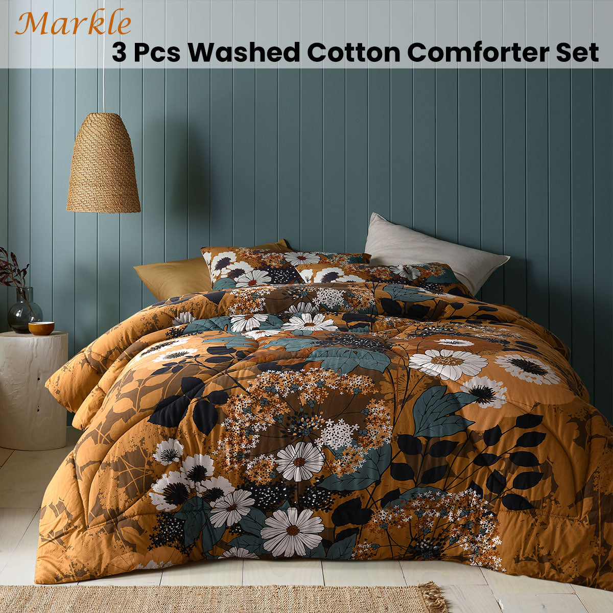 Markle Washed Cotton Printed 3 Piece Comforter Set Queen