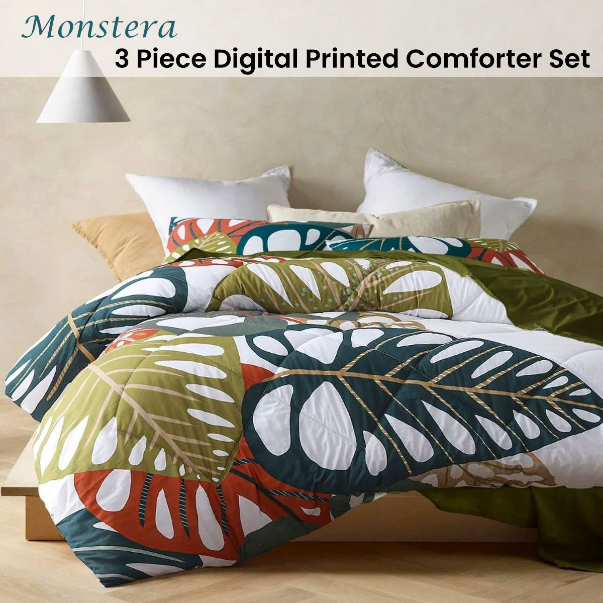 3 Piece Monstera Digital Printed Comforter Set Queen