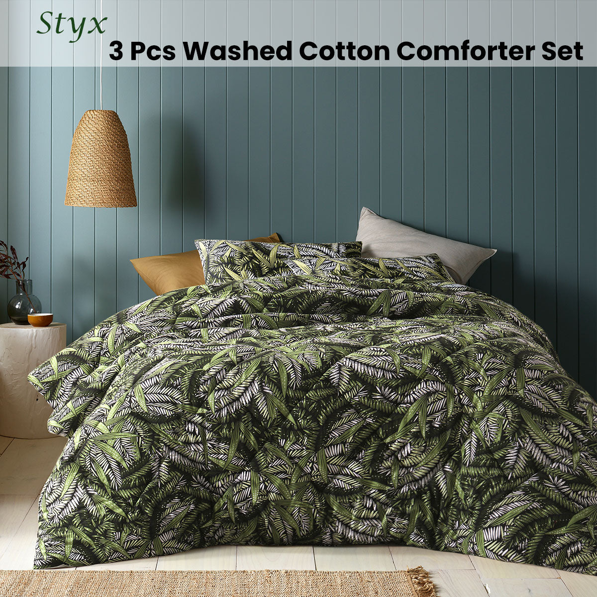 Styx Washed Cotton Printed 3 Piece Comforter Set King