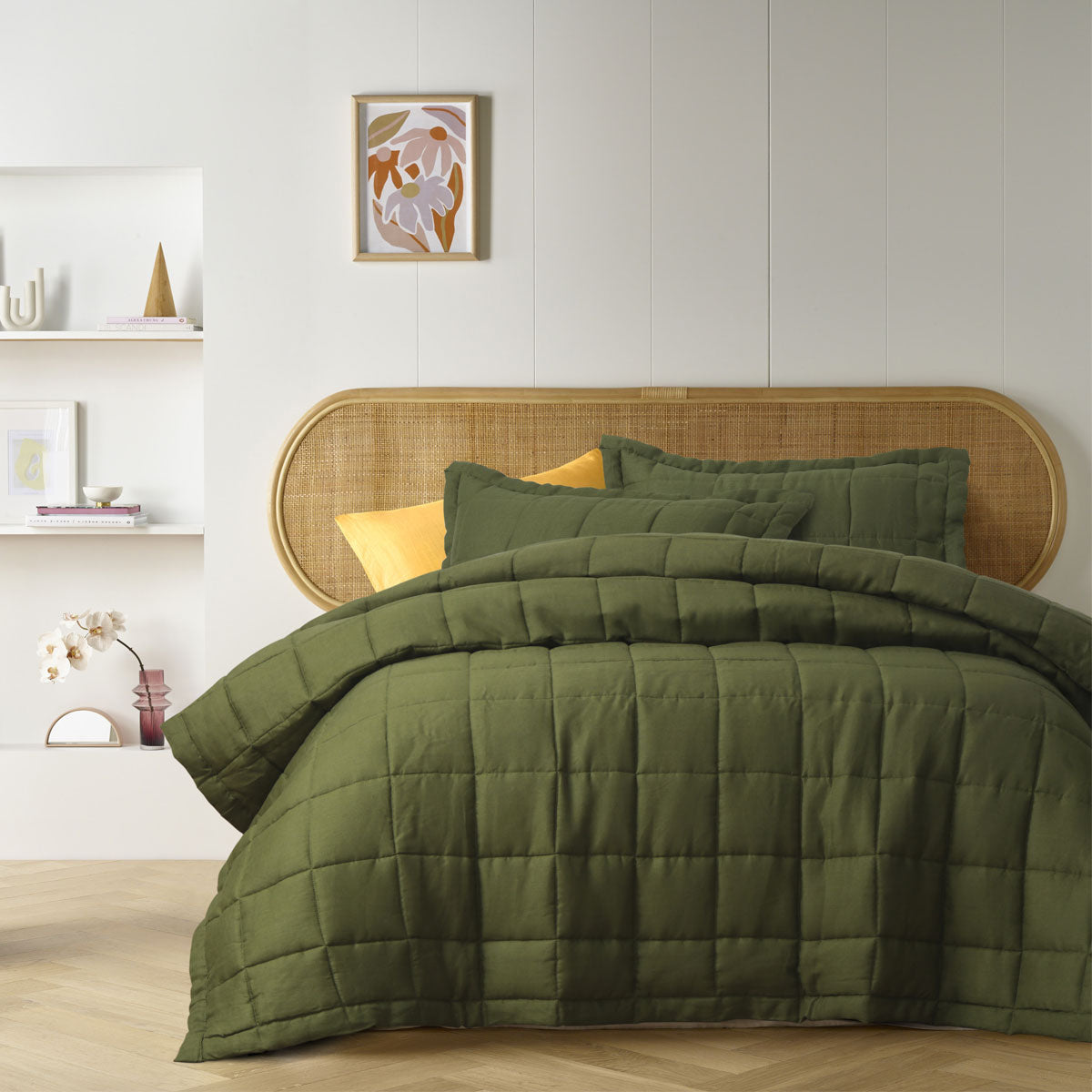 Olive French Linen Coverlet Set Queen