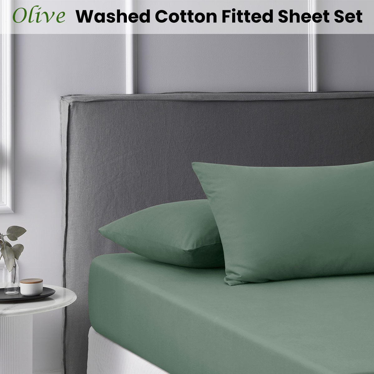 Olive Washed Cotton Fitted Sheet Set Double