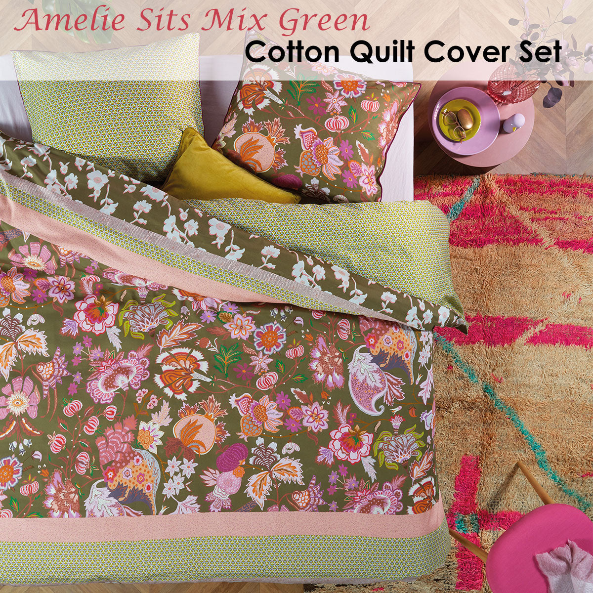 Amelie Sits Mix Green Cotton Sateen Quilt Cover Set King