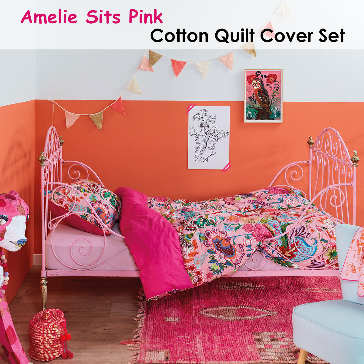 Amelie Sits Pink Cotton Quilt Cover Set Single