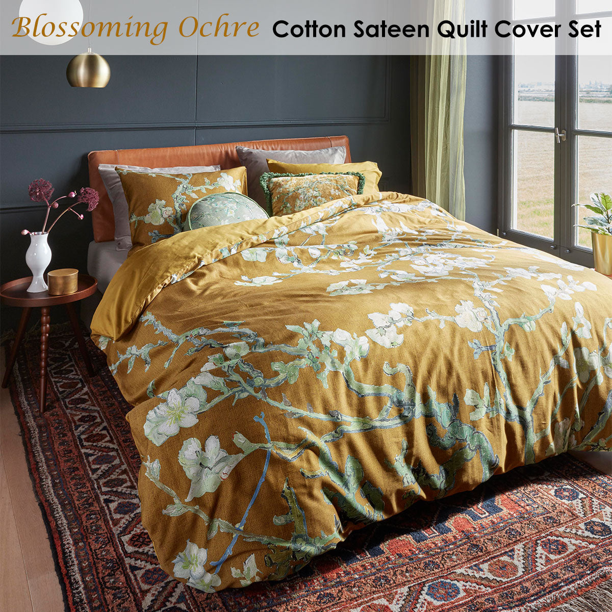 Blossoming Ochre Cotton Sateen Quilt Cover Set Queen