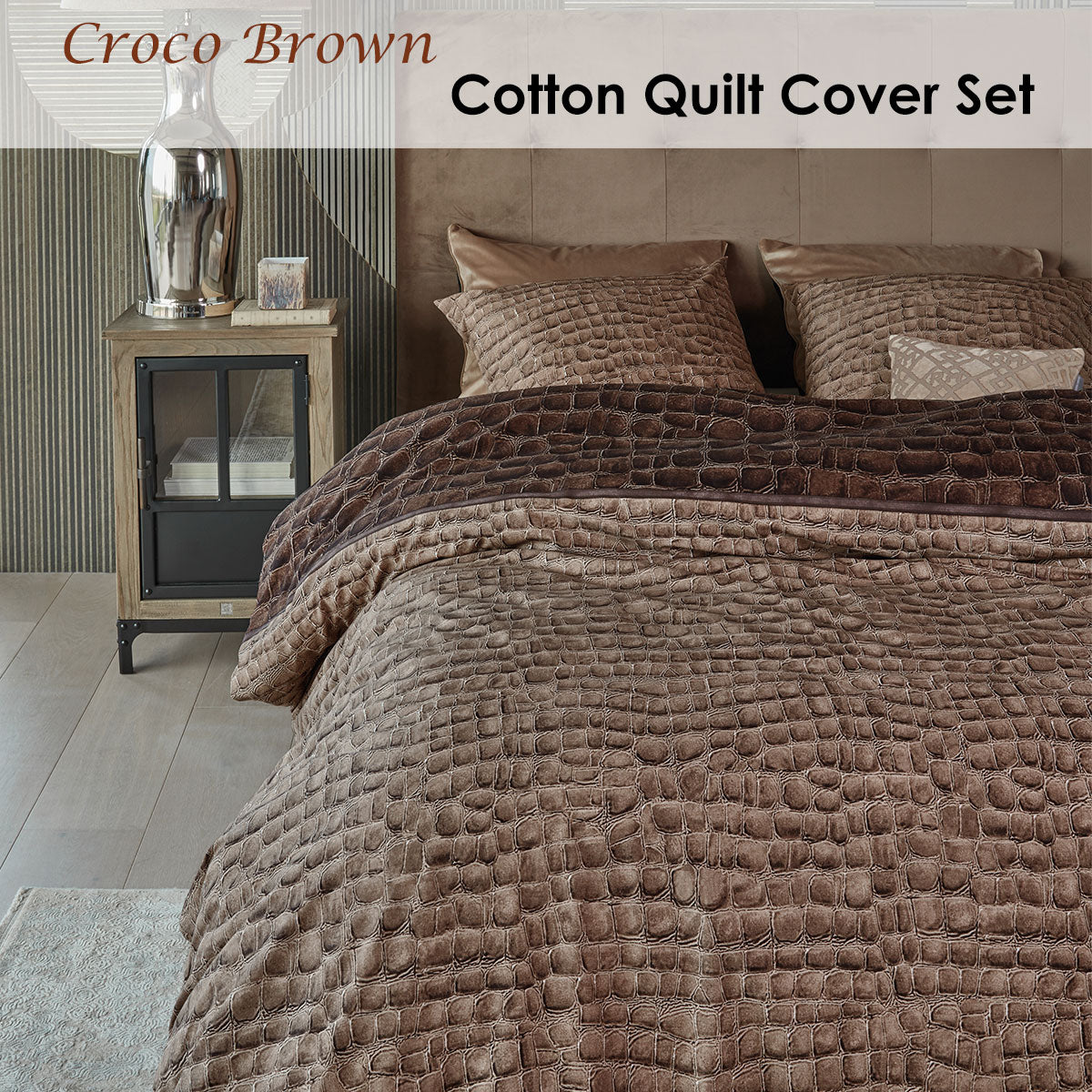 Croco Brown Cotton Quilt Cover Set Queen