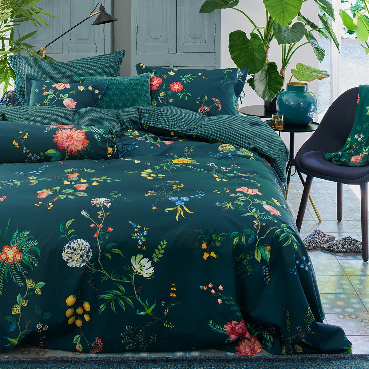 Fleur Grandeur Dark Blue Cotton Quilt Cover Set Queen