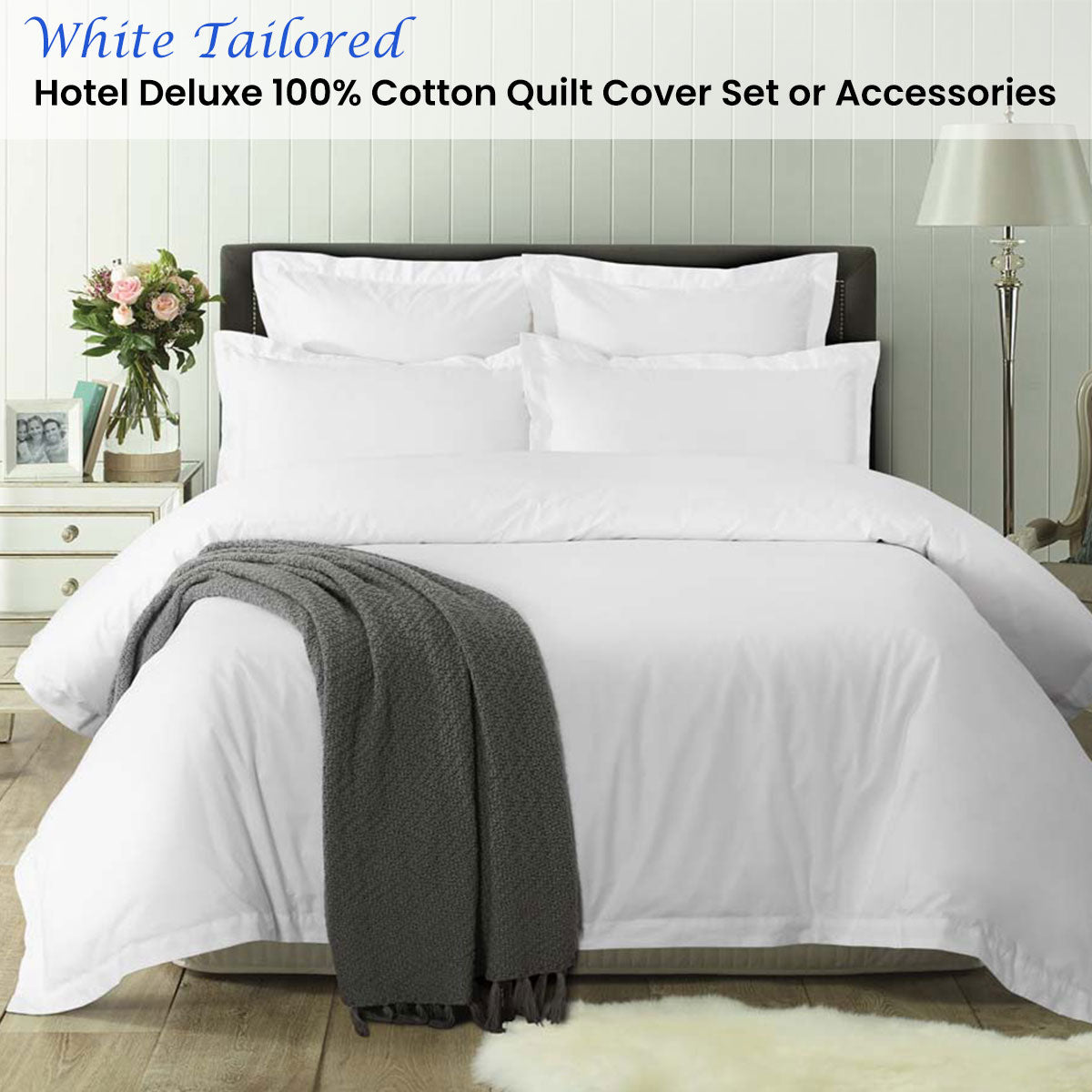 White Tailored Hotel Deluxe Cotton Quilt Cover Set Queen