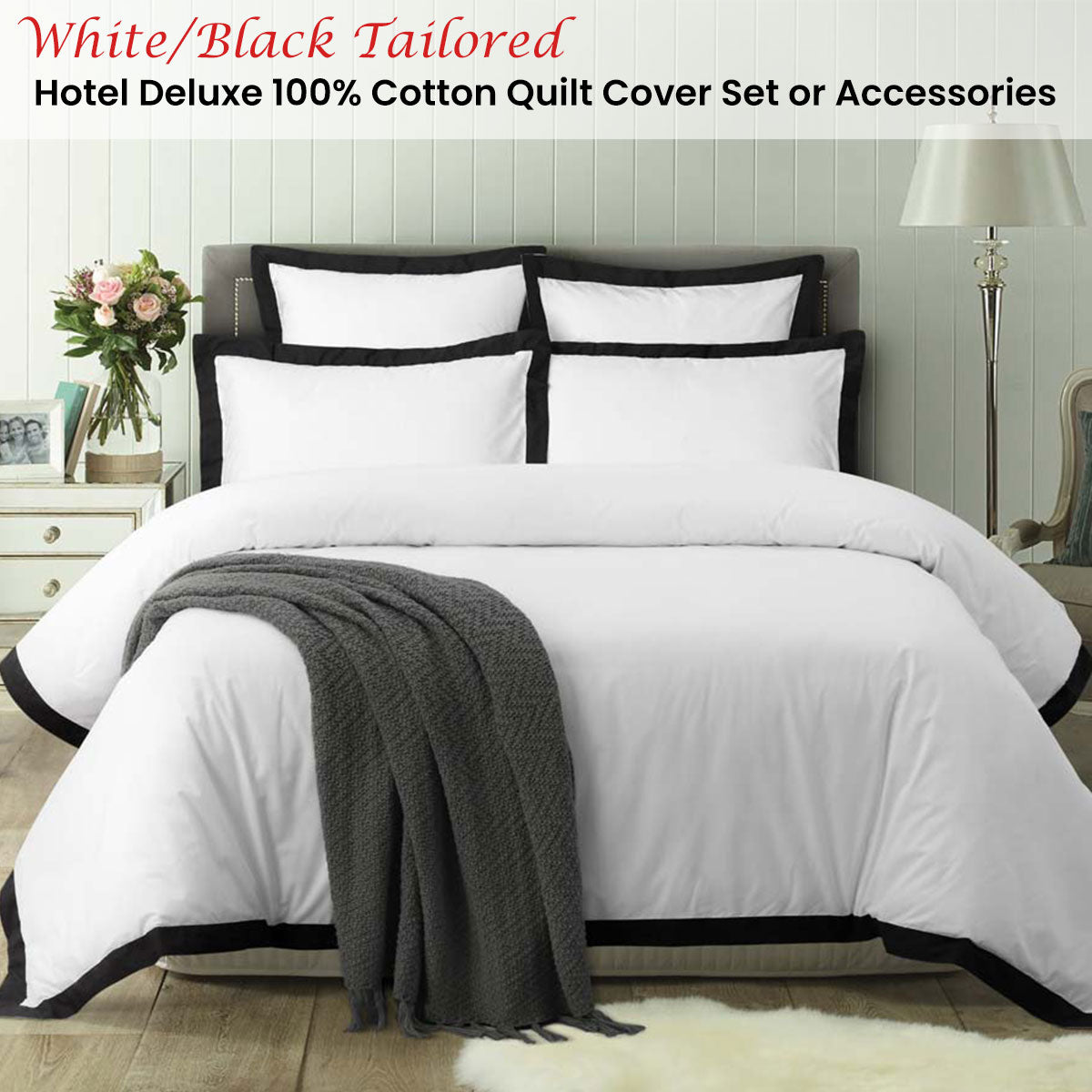 White/Black Tailored Hotel Deluxe Cotton Quilt Cover Set Queen