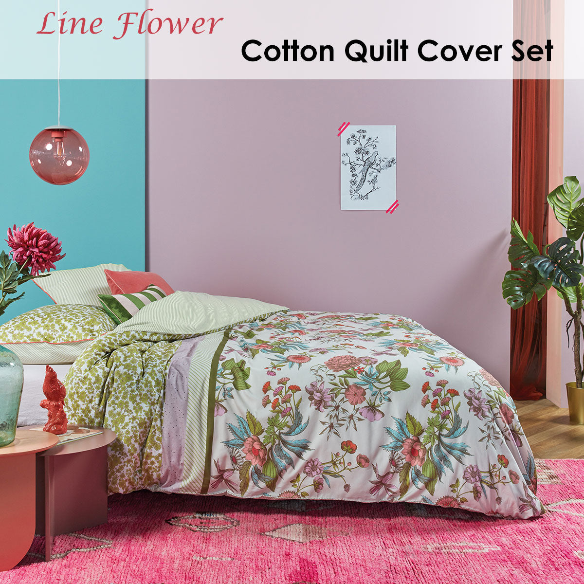 Line Flower Cotton Sateen Quilt Cover Set Queen