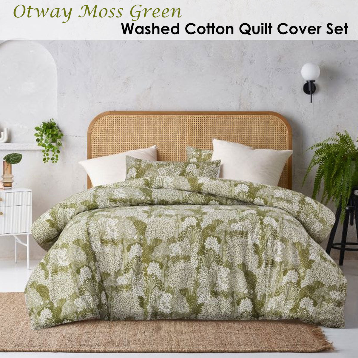 Betty Otway Moss Green Washed Cotton Printed Quilt Cover Set King