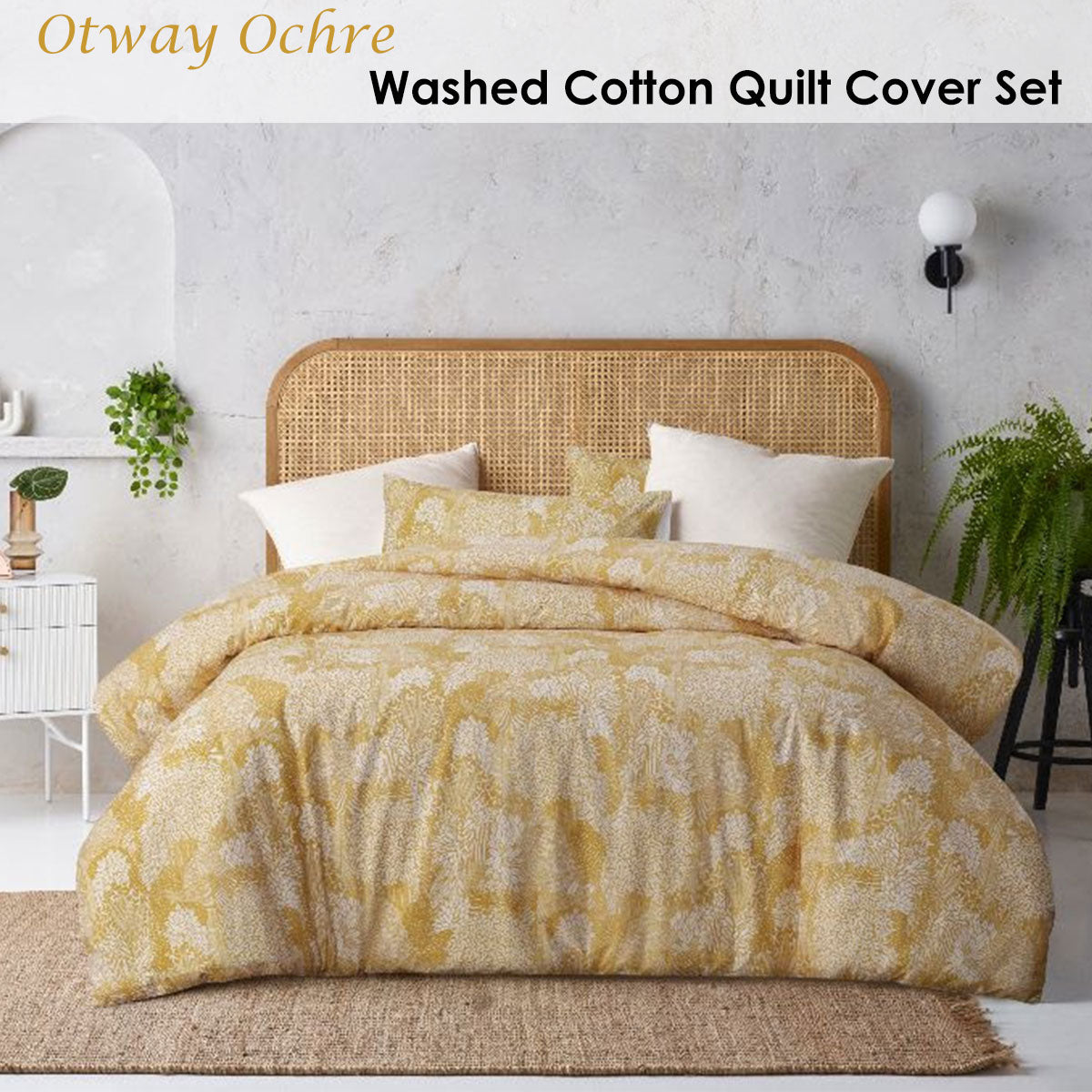 Betty Otway Ochre Washed Cotton Printed Quilt Cover Set Queen