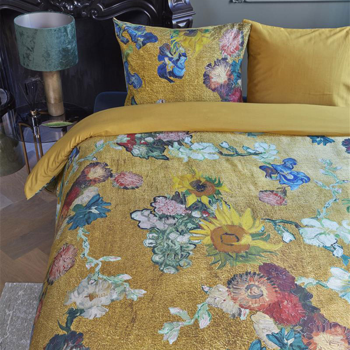 Van Gogh Partout des Fleurs Gold Cotton Sateen Quilt Cover Set Queen