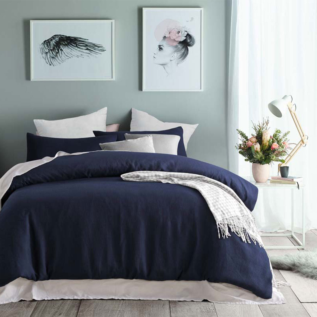 Navy Waffle Polyester Quilt Cover Set King