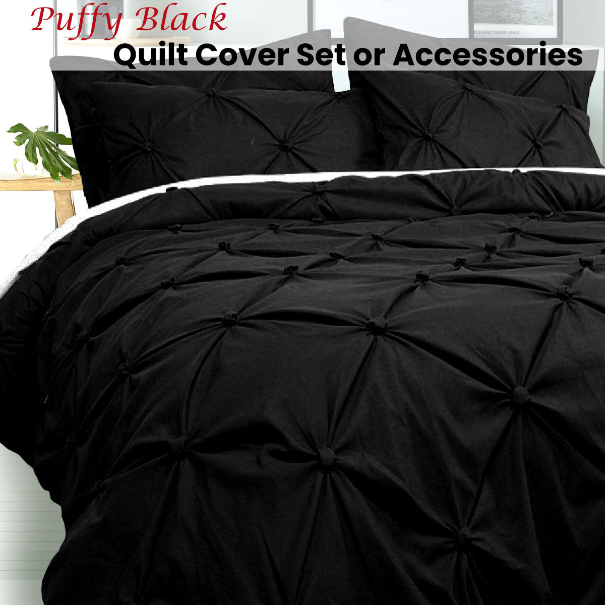 Puffy Quilt Cover Set Black QUEEN