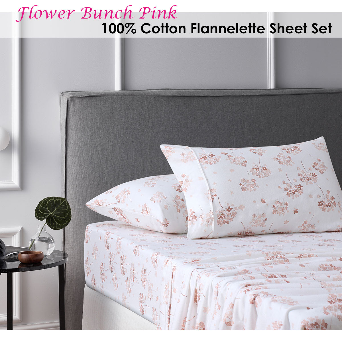 Cotton Flannelette Sheet Set Flower Bunch Pink Double