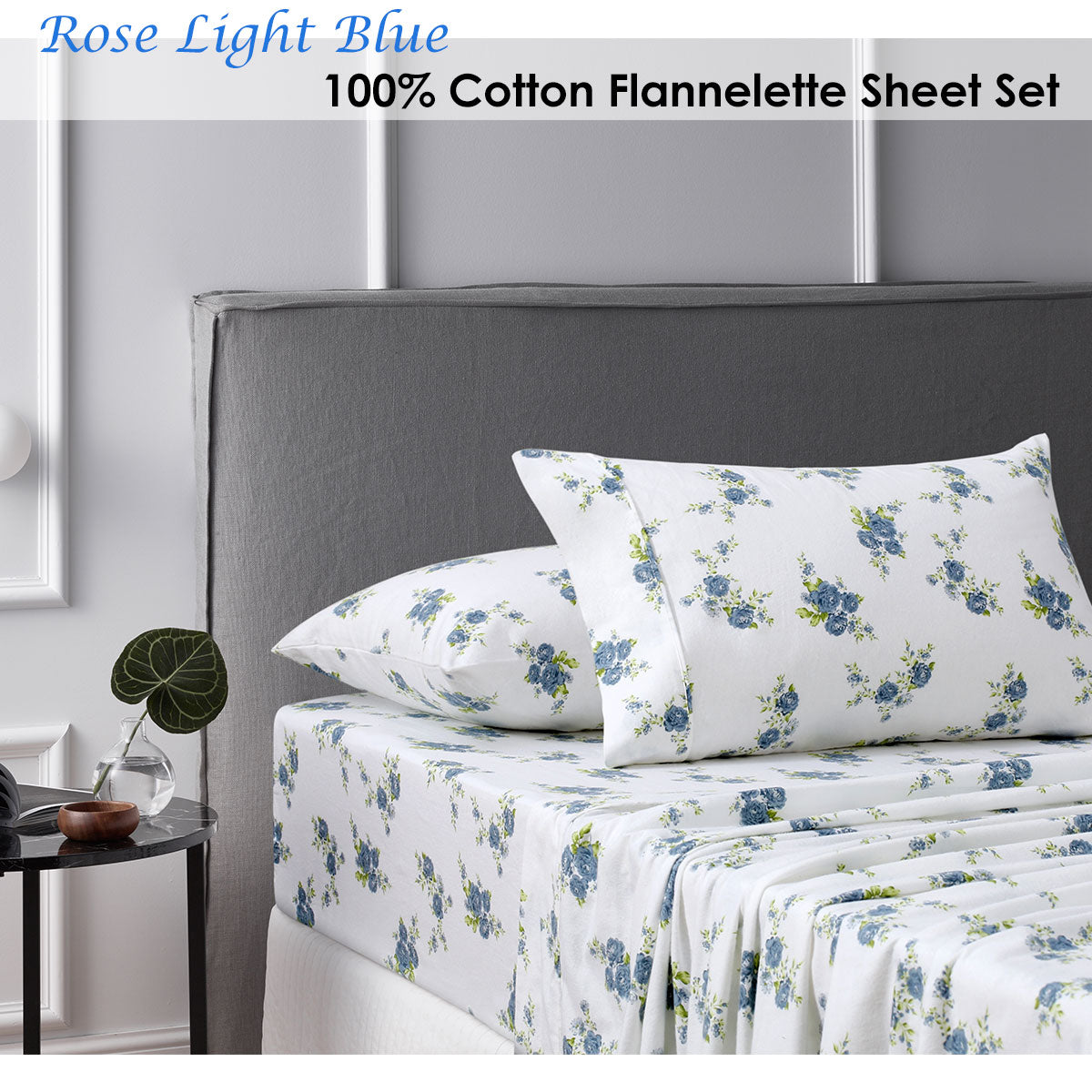 Cotton Flannelette Sheet Set Rose Light Blue Single