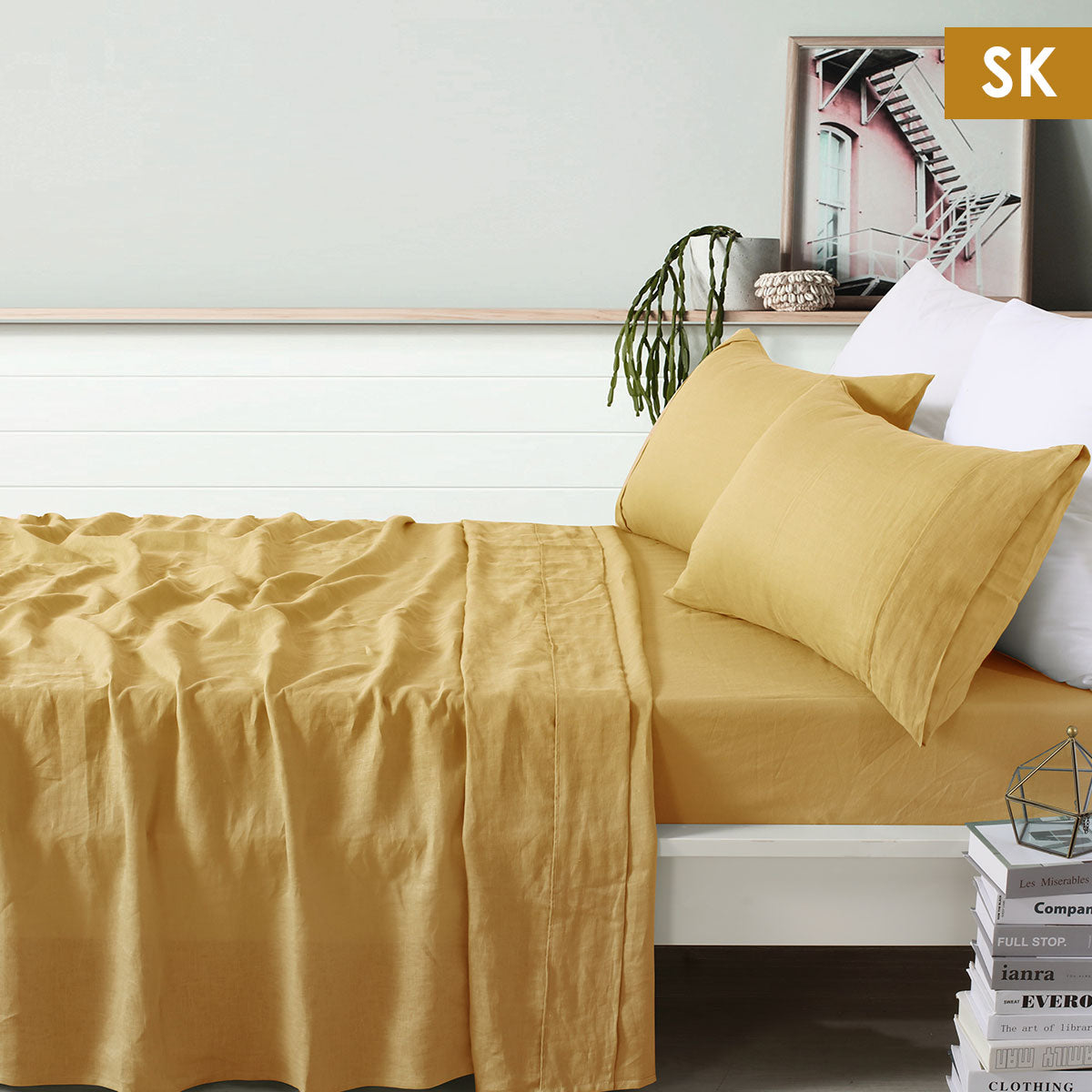 100% Linen Ochre Sheet Set Super King