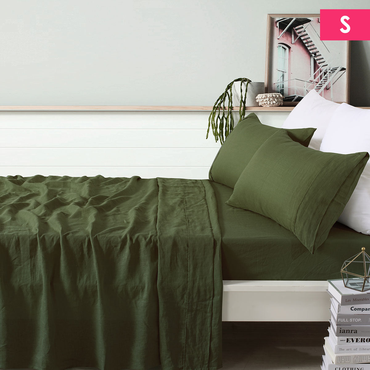 100% Linen Olive Sheet Set Single