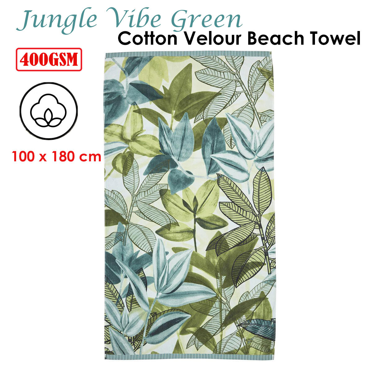 Jungle Vibe Green Cotton Velour Beach Towel