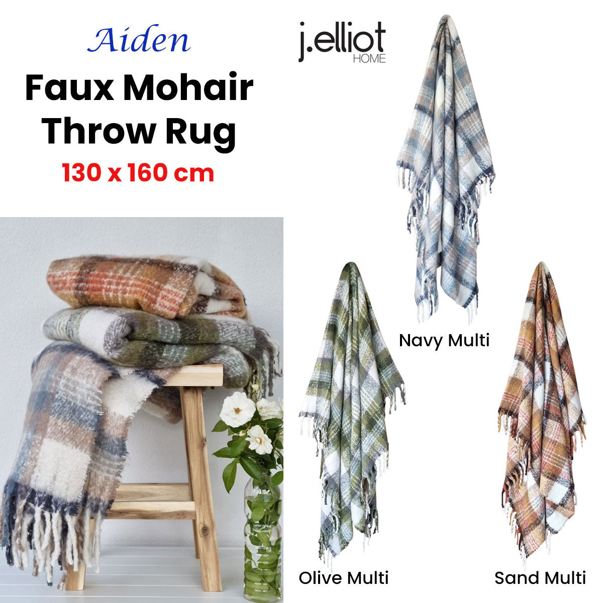 Aiden Navy Multi Faux Mohair Throw Rug with Fringe 130 x 160cm